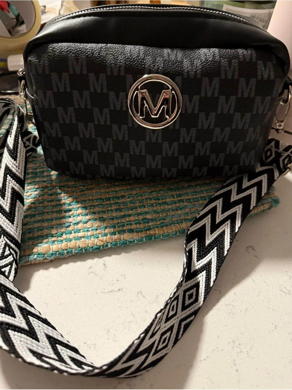 Monogram M Logo Black Crossbody Bag - Silver Hardware